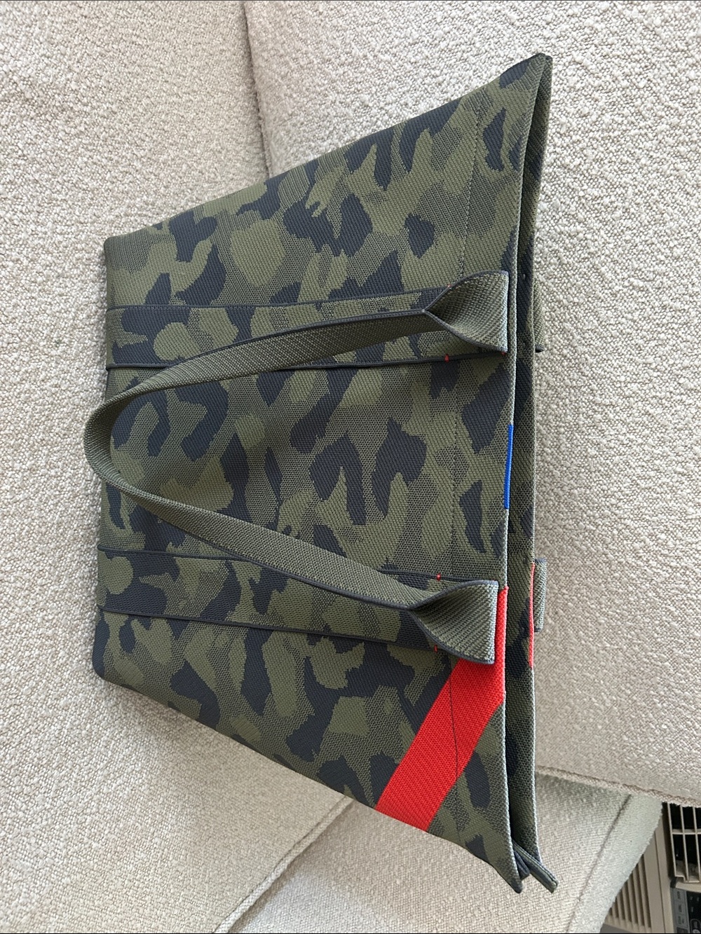Rothy's Olive Green Camo Laptop Tote with orange accent